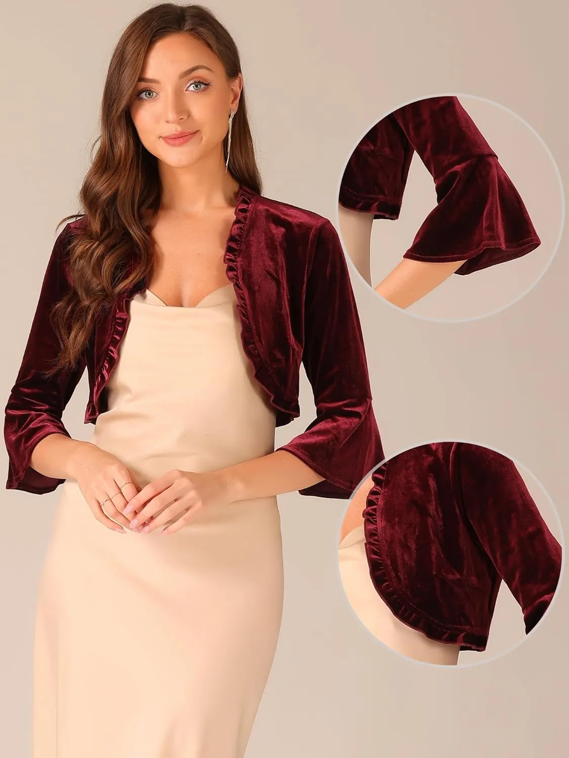 Allegra K Velvet Shrug Top for Women's 3/4 Sleeve Open Front Ruffled Cocktail Party Cropped Cardigan