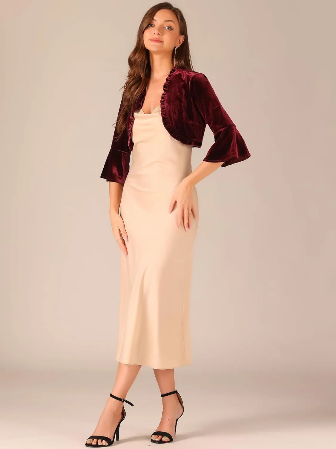 Allegra K Velvet Shrug Top for Women's 3/4 Sleeve Open Front Ruffled Cocktail Party Cropped Cardigan