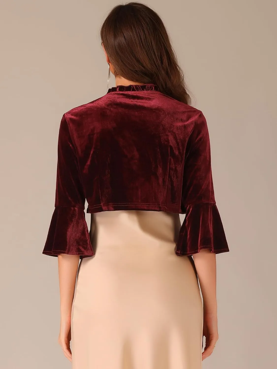 Allegra K Velvet Shrug Top for Women's 3/4 Sleeve Open Front Ruffled Cocktail Party Cropped Cardigan