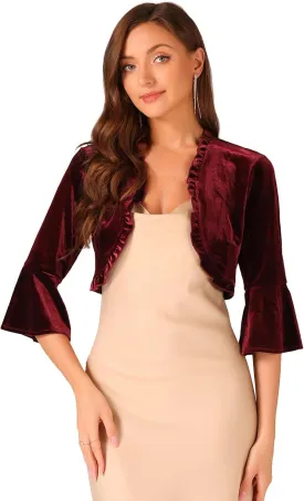 Allegra K Velvet Shrug Top for Women's 3/4 Sleeve Open Front Ruffled Cocktail Party Cropped Cardigan