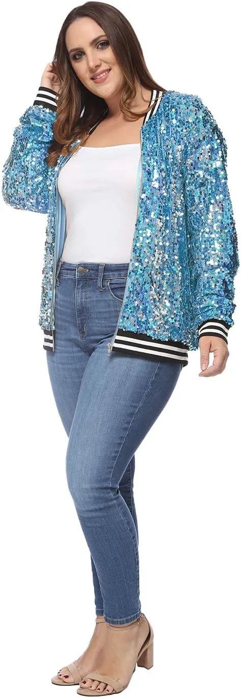 Anna-Kaci Women's Plus Size Sparkly Jacket Long Sleeve Zip Up Sequin Bomber Jacket Coat