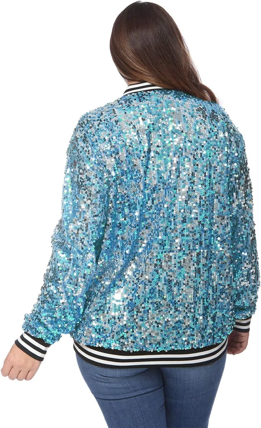 Anna-Kaci Women's Plus Size Sparkly Jacket Long Sleeve Zip Up Sequin Bomber Jacket Coat