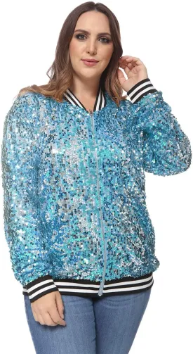 Anna-Kaci Women's Plus Size Sparkly Jacket Long Sleeve Zip Up Sequin Bomber Jacket Coat