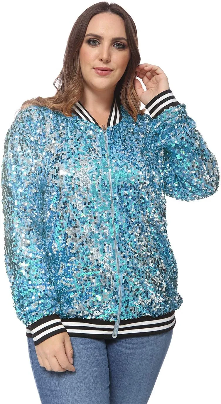 Anna-Kaci Women's Plus Size Sparkly Jacket Long Sleeve Zip Up Sequin Bomber Jacket Coat