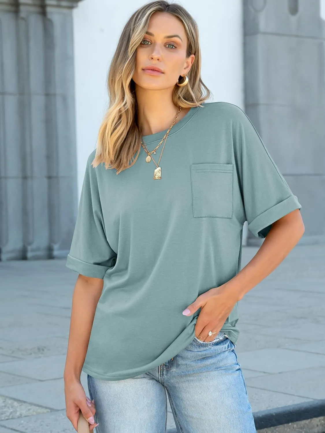 ANRABESS Women Oversized T Shirts Short Sleeve Summer Casual Loose Top Basic Tee with Pocket