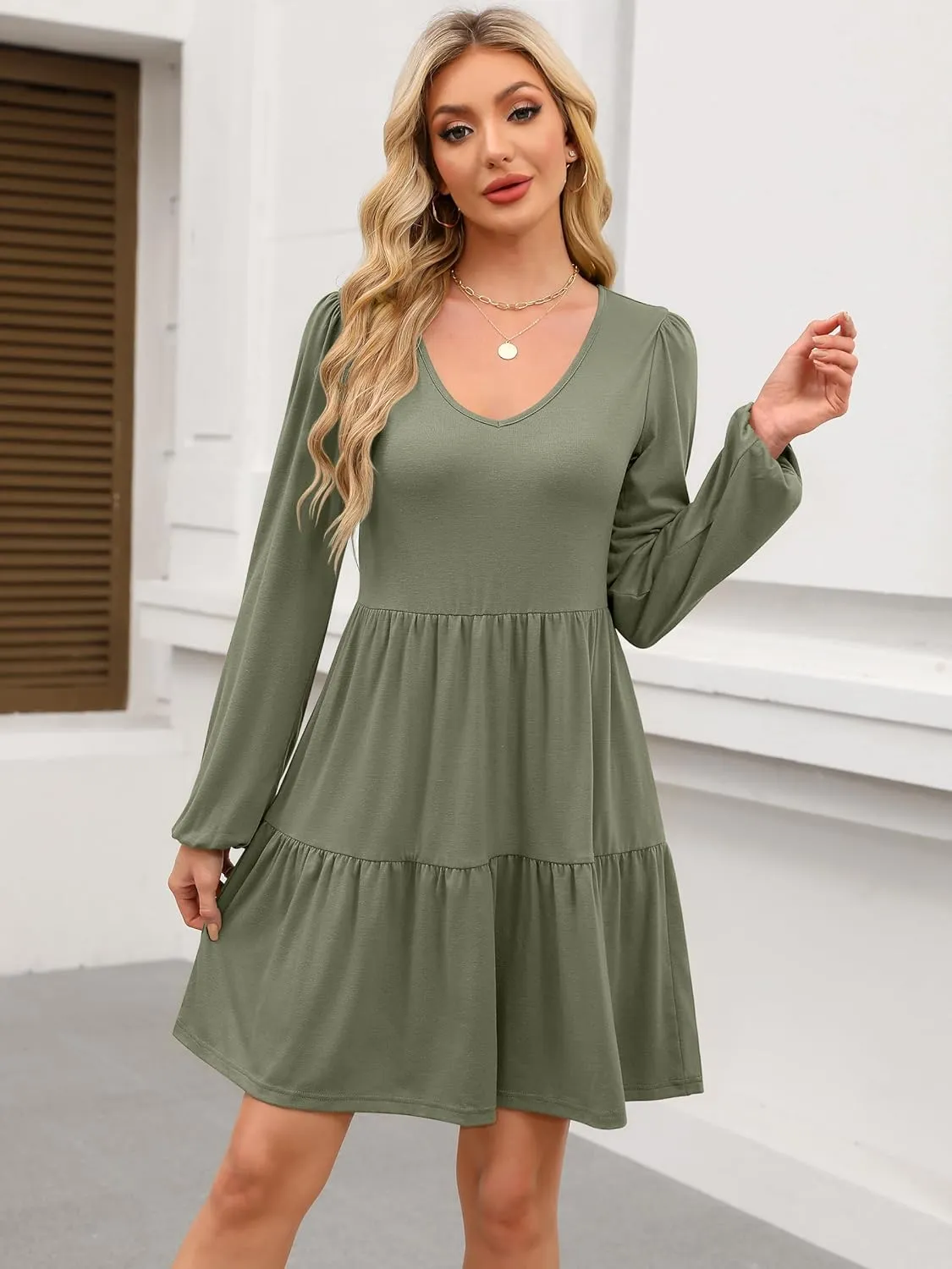ANRABESS Women's Casual Long Sleeve V Neck Tiered Swing Flowy Loose A-line Cute Mini Short Spring Fall Dress