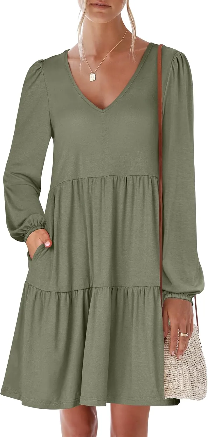 ANRABESS Women's Casual Long Sleeve V Neck Tiered Swing Flowy Loose A-line Cute Mini Short Spring Fall Dress
