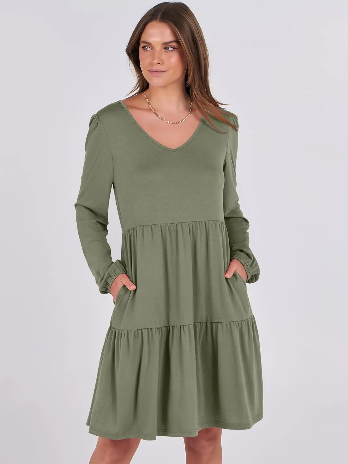 ANRABESS Women's Casual Long Sleeve V Neck Tiered Swing Flowy Loose A-line Cute Mini Short Spring Fall Dress