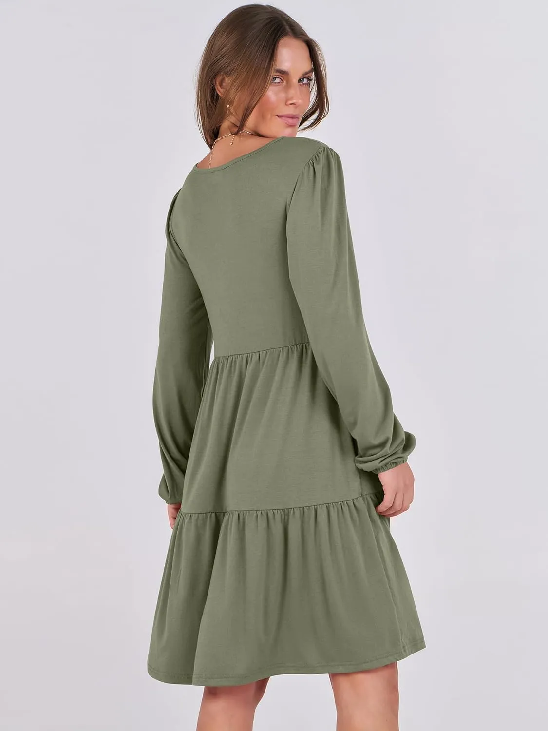 ANRABESS Women's Casual Long Sleeve V Neck Tiered Swing Flowy Loose A-line Cute Mini Short Spring Fall Dress