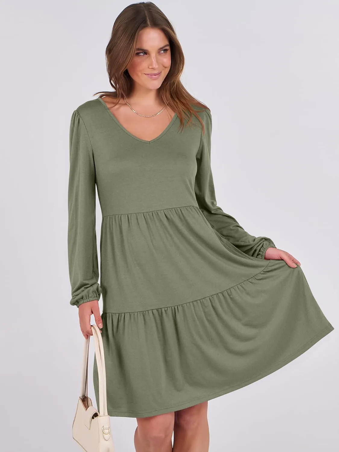 ANRABESS Women's Casual Long Sleeve V Neck Tiered Swing Flowy Loose A-line Cute Mini Short Spring Fall Dress