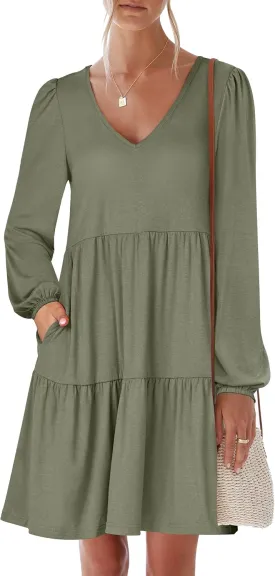 ANRABESS Women's Casual Long Sleeve V Neck Tiered Swing Flowy Loose A-line Cute Mini Short Spring Fall Dress