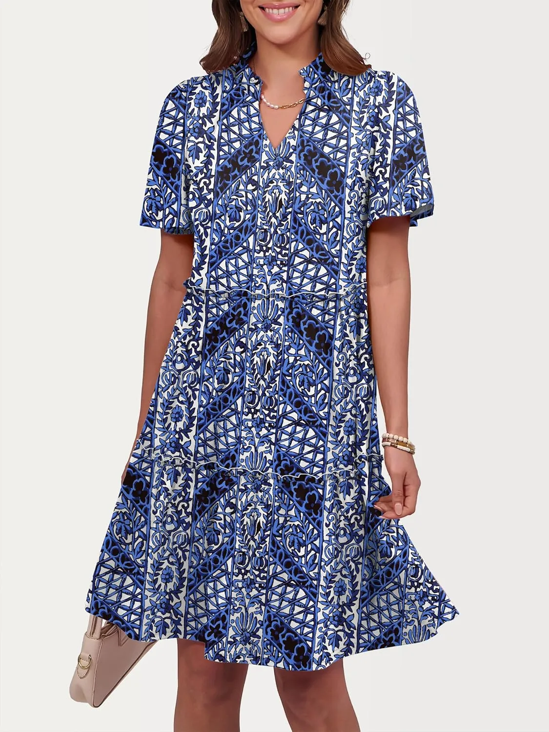 ANRABESS Womens Summer Casual Short Sleeve V Neck A line Tunic Dress Flowy Tiered Babydoll Mini Dress Beach Vacation Outfits