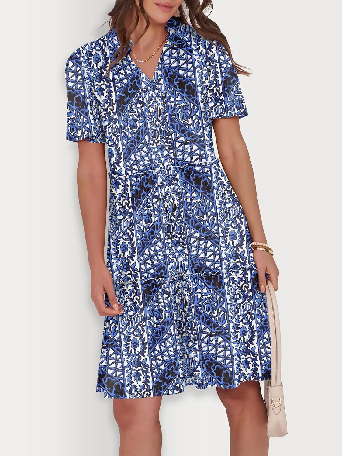 ANRABESS Womens Summer Casual Short Sleeve V Neck A line Tunic Dress Flowy Tiered Babydoll Mini Dress Beach Vacation Outfits
