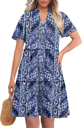 ANRABESS Womens Summer Casual Short Sleeve V Neck A line Tunic Dress Flowy Tiered Babydoll Mini Dress Beach Vacation Outfits