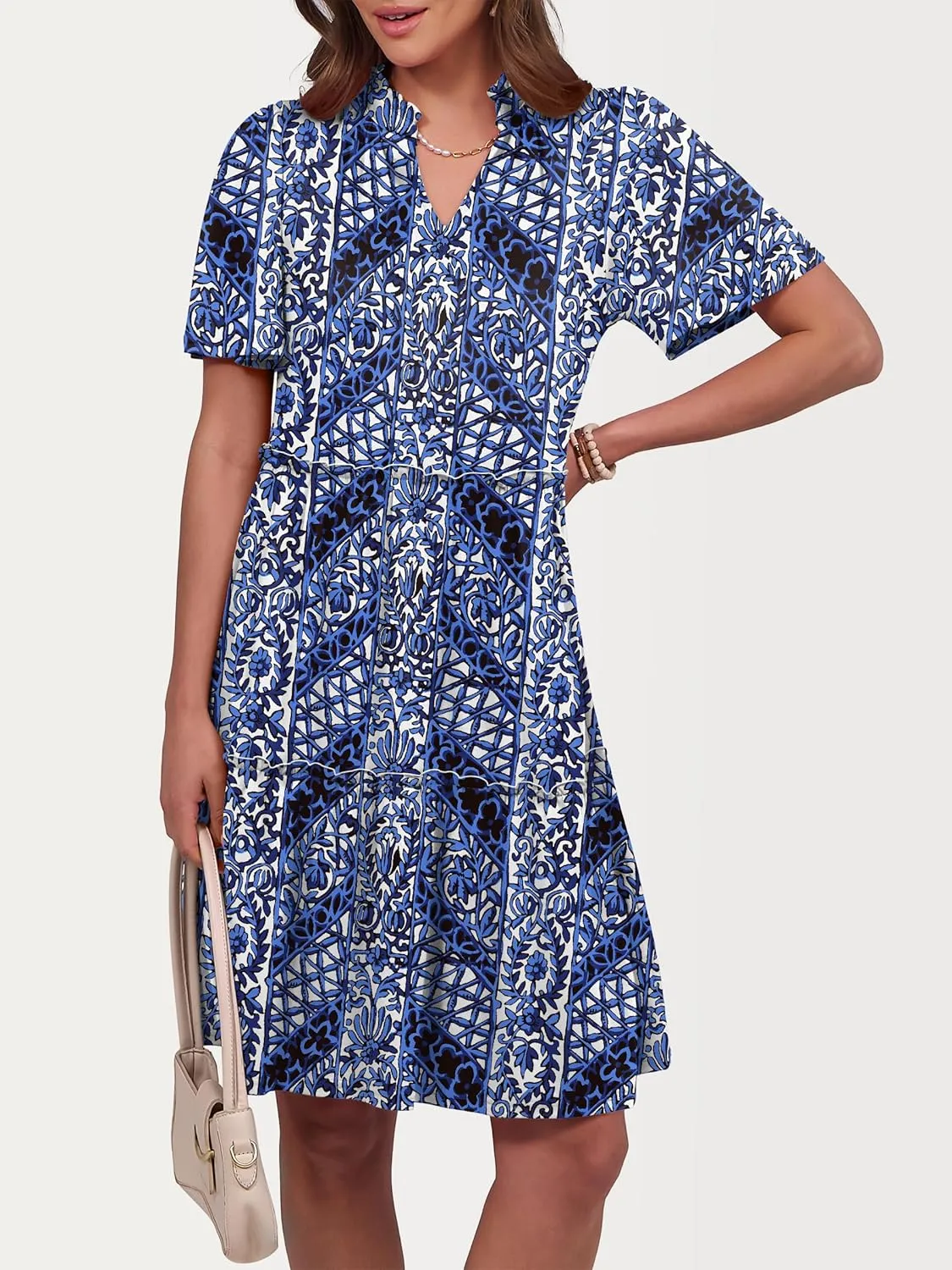 ANRABESS Womens Summer Casual Short Sleeve V Neck A line Tunic Dress Flowy Tiered Babydoll Mini Dress Beach Vacation Outfits
