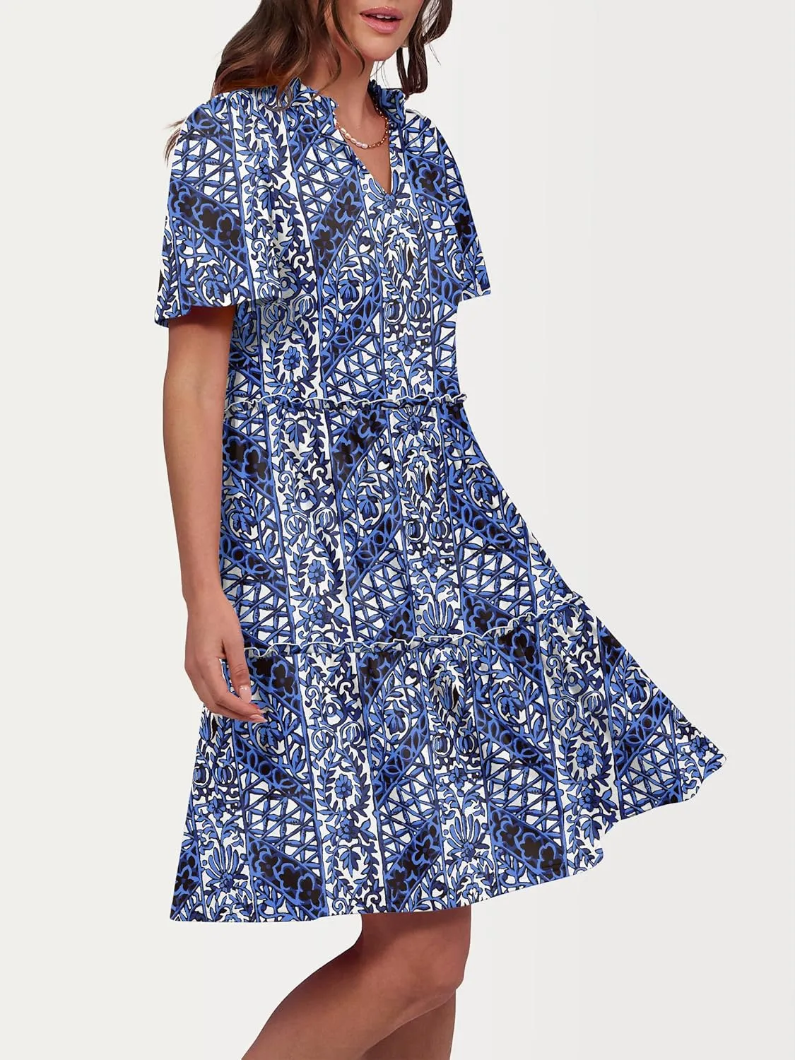 ANRABESS Womens Summer Casual Short Sleeve V Neck A line Tunic Dress Flowy Tiered Babydoll Mini Dress Beach Vacation Outfits