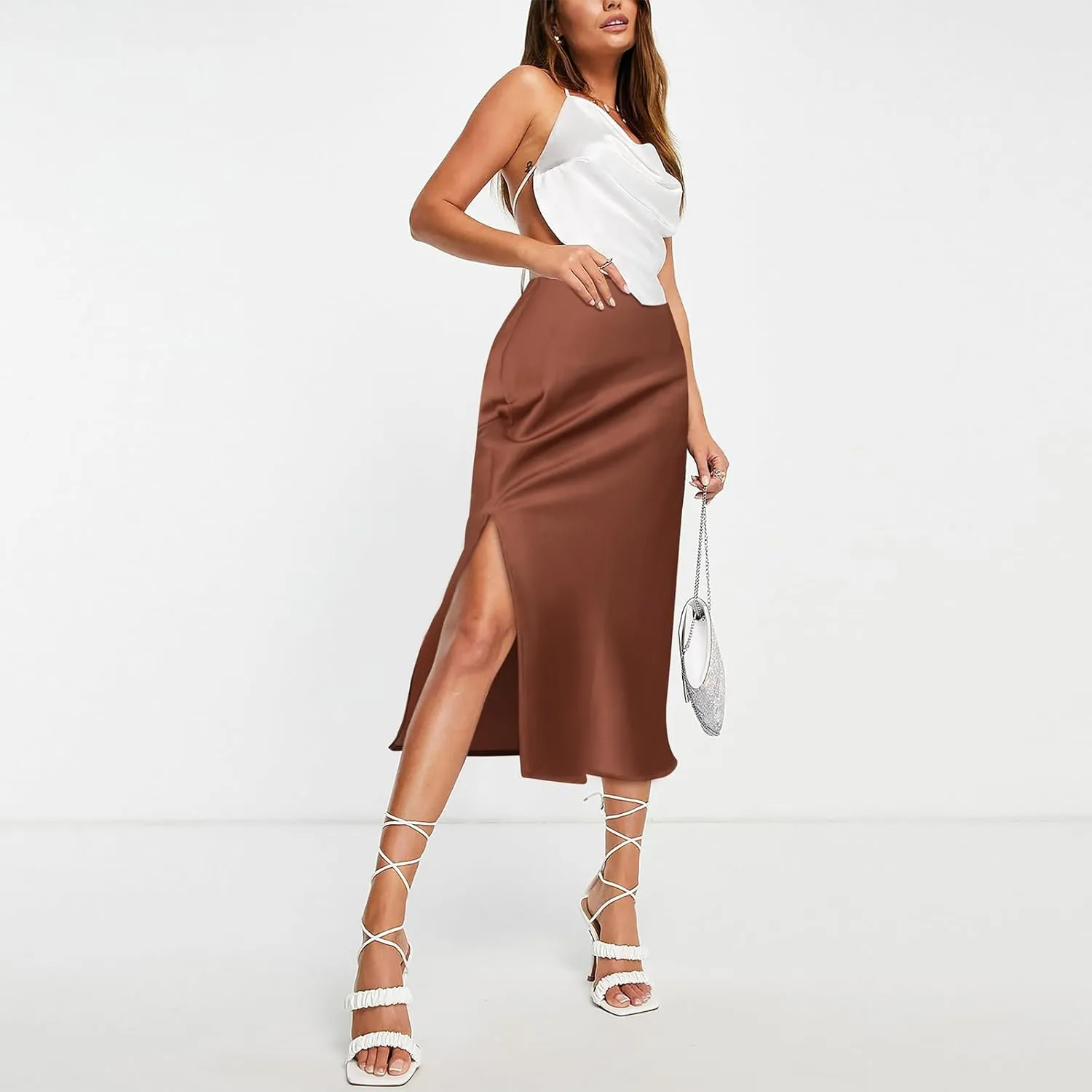 BOMAROLAN Women's Satin Midi Skirt High Waist Solid Silky Skirts for Women Elasticized Waistband A-Line Slit Midi Skirts