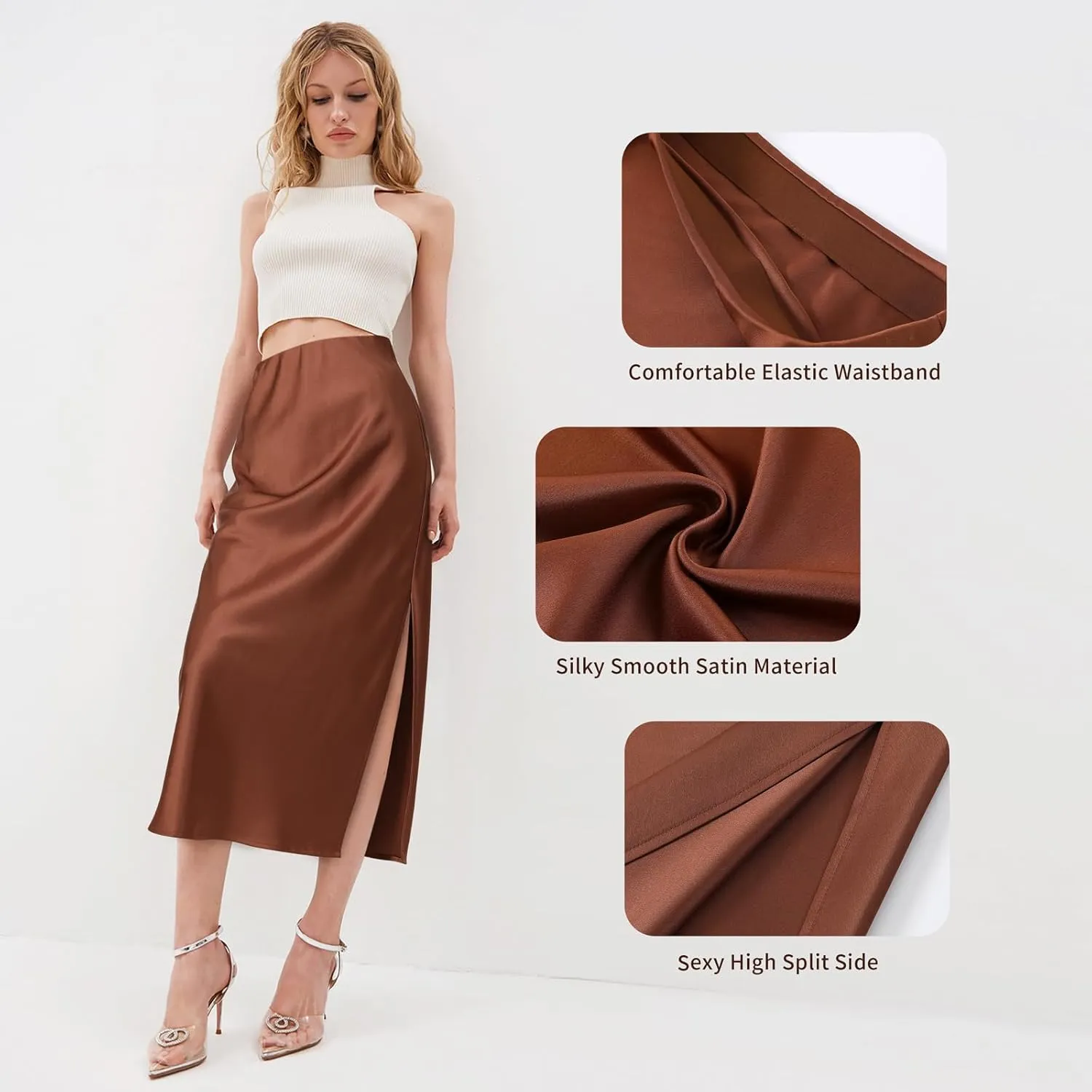 BOMAROLAN Women's Satin Midi Skirt High Waist Solid Silky Skirts for Women Elasticized Waistband A-Line Slit Midi Skirts
