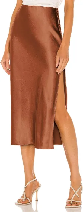 BOMAROLAN Women's Satin Midi Skirt High Waist Solid Silky Skirts for Women Elasticized Waistband A-Line Slit Midi Skirts