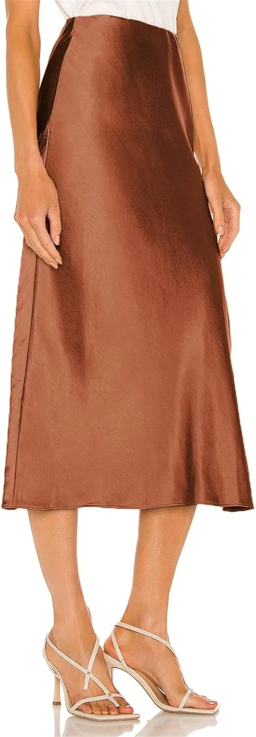 BOMAROLAN Women's Satin Midi Skirt High Waist Solid Silky Skirts for Women Elasticized Waistband A-Line Slit Midi Skirts