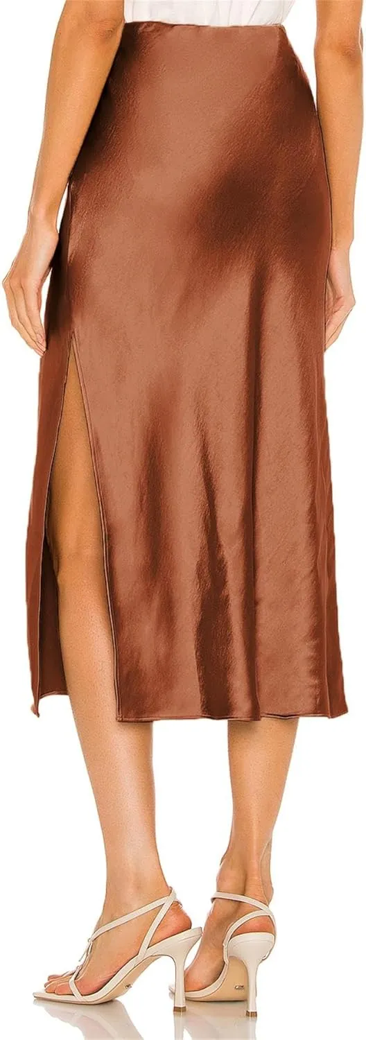 BOMAROLAN Women's Satin Midi Skirt High Waist Solid Silky Skirts for Women Elasticized Waistband A-Line Slit Midi Skirts