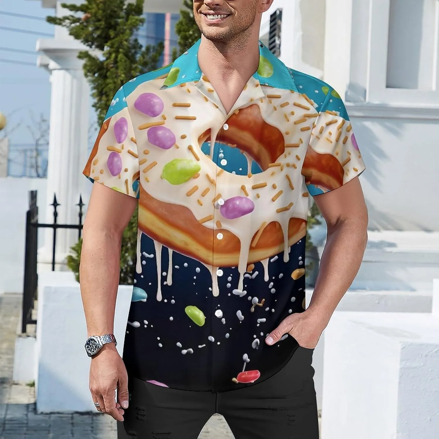 Donut Print Cuban Collar Shirt Classic Design for Comfort and Style