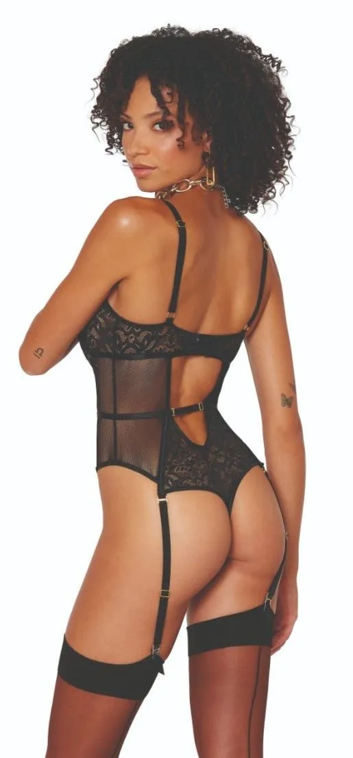 Fabulous Flexi Black Lace Fishnet Garter Teddy