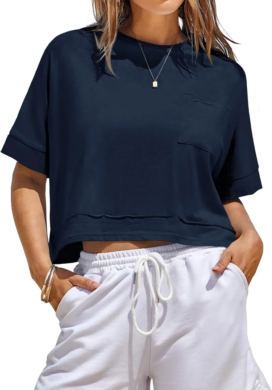 Fisoew Womens Oversized Crop Tops Workout Short Sleeve T Shirts Summer Casual Loose Fit Basic Tee Shirts with Pockets