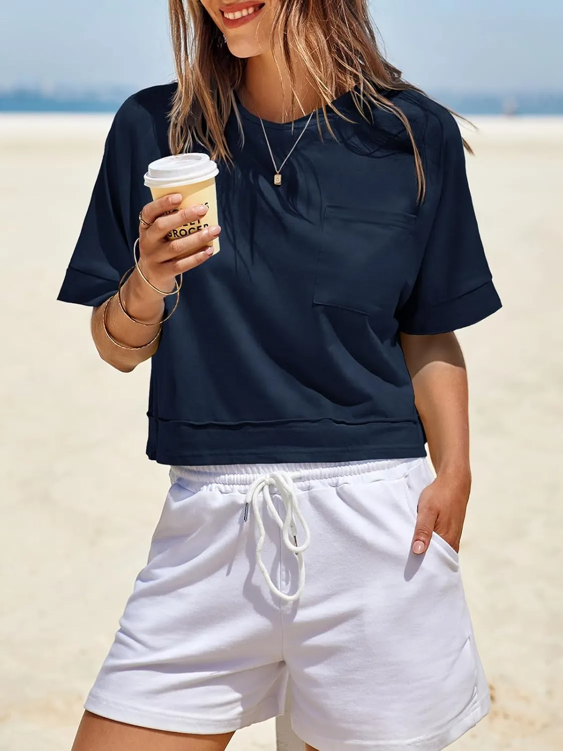 Fisoew Womens Oversized Crop Tops Workout Short Sleeve T Shirts Summer Casual Loose Fit Basic Tee Shirts with Pockets