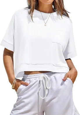 Fisoew Womens Oversized Crop Tops Workout Short Sleeve T Shirts Summer Casual Loose Fit Basic Tee Shirts with Pockets