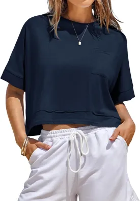 Fisoew Womens Oversized Crop Tops Workout Short Sleeve T Shirts Summer Casual Loose Fit Basic Tee Shirts with Pockets