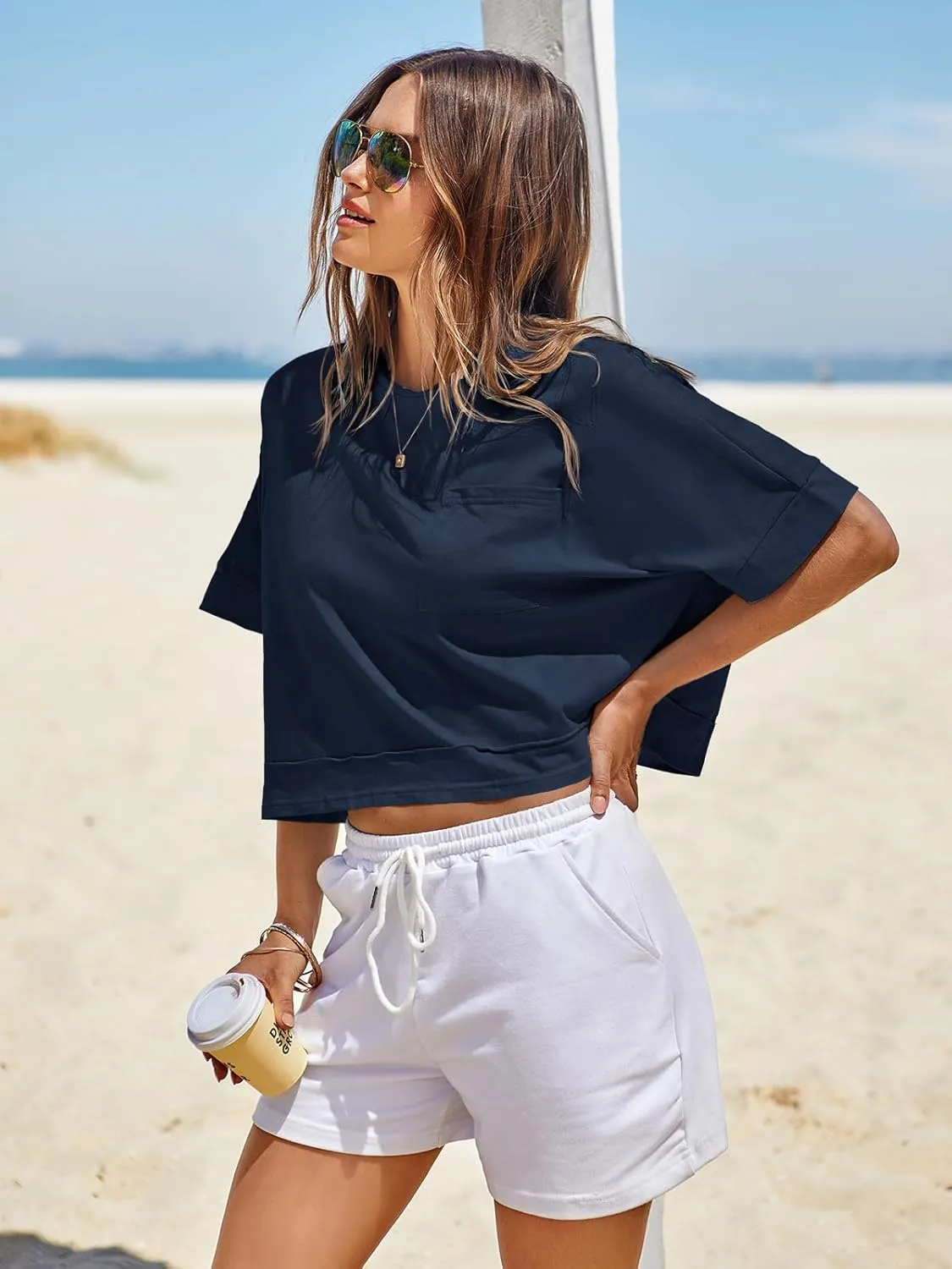 Fisoew Womens Oversized Crop Tops Workout Short Sleeve T Shirts Summer Casual Loose Fit Basic Tee Shirts with Pockets