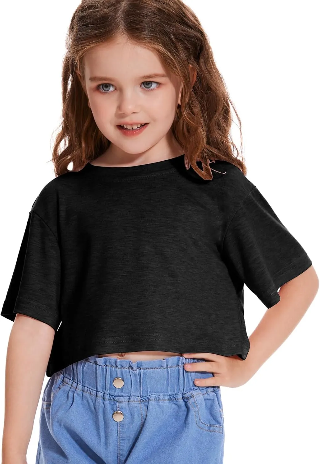 Girls Short Sleeve Crop Tops Kids Fashion Oversized Cute Crew Neck Cropped Athletic T Shirts Trendy Boxy Tee
