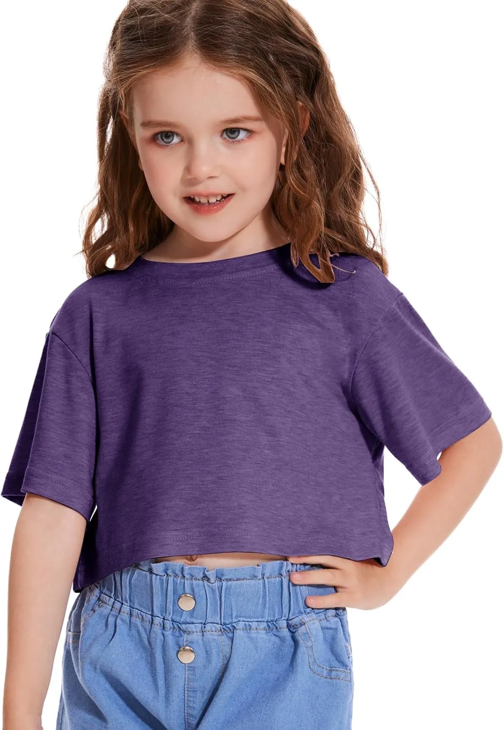 Girls Short Sleeve Crop Tops Kids Fashion Oversized Cute Crew Neck Cropped Athletic T Shirts Trendy Boxy Tee