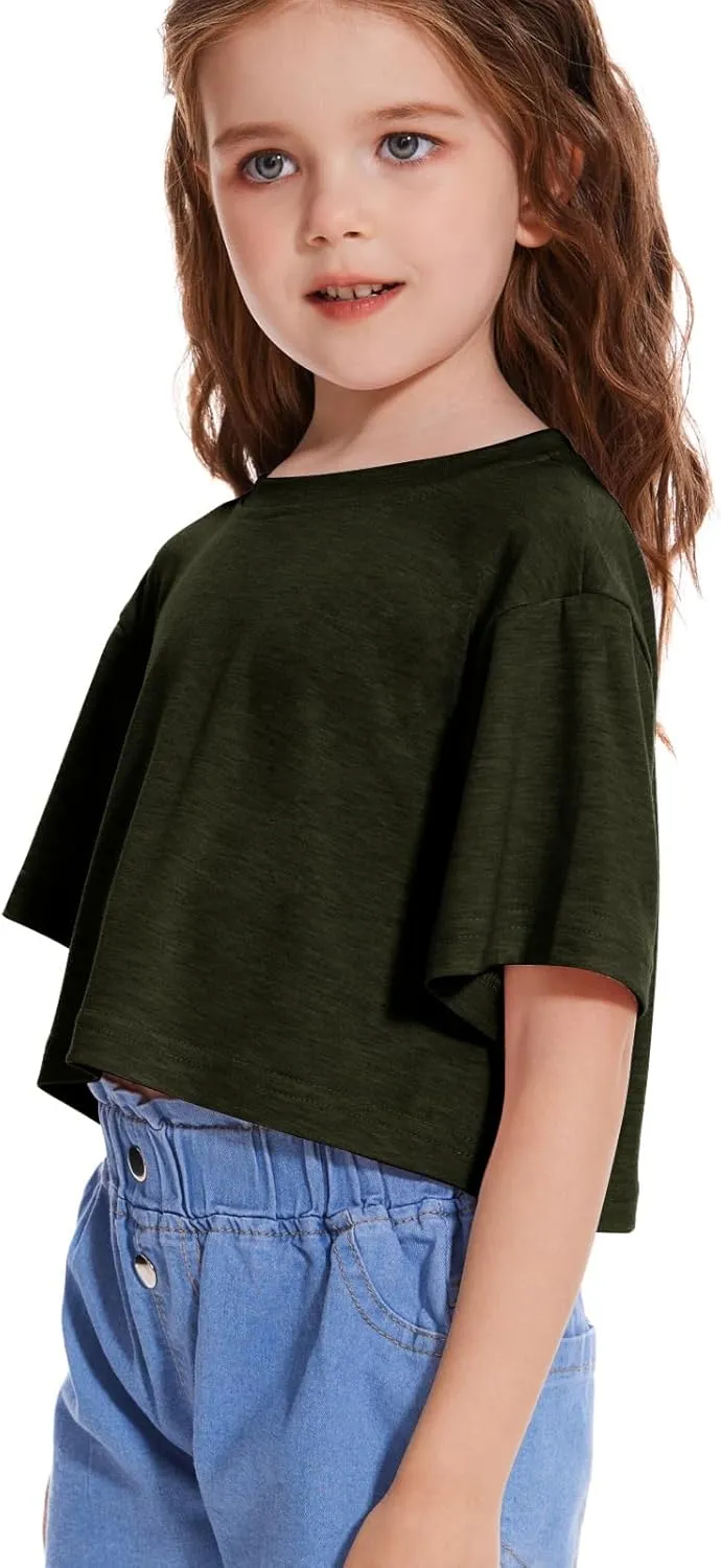 Girls Short Sleeve Crop Tops Kids Fashion Oversized Cute Crew Neck Cropped Athletic T Shirts Trendy Boxy Tee