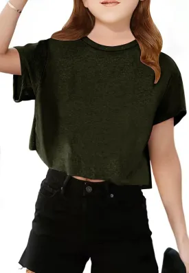 Girls Short Sleeve Crop Tops Kids Fashion Oversized Cute Crew Neck Cropped Athletic T Shirts Trendy Boxy Tee
