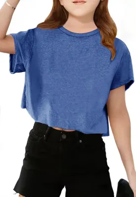 Girls Short Sleeve Crop Tops Kids Fashion Oversized Cute Crew Neck Cropped Athletic T Shirts Trendy Boxy Tee