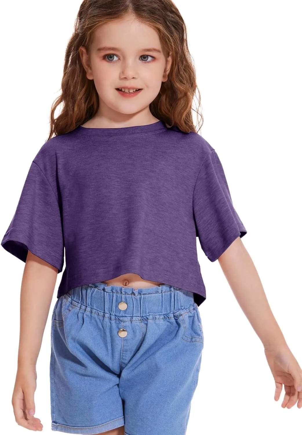 Girls Short Sleeve Crop Tops Kids Fashion Oversized Cute Crew Neck Cropped Athletic T Shirts Trendy Boxy Tee