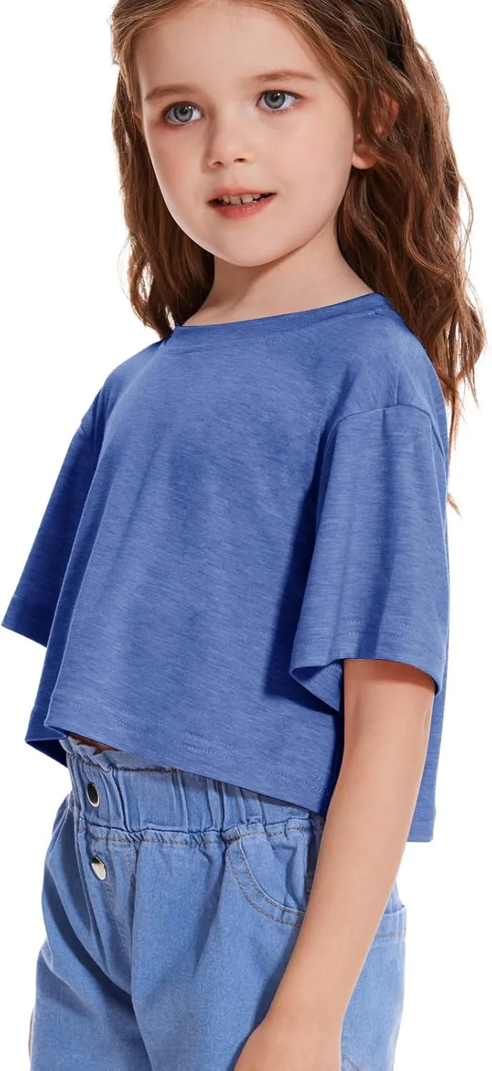 Girls Short Sleeve Crop Tops Kids Fashion Oversized Cute Crew Neck Cropped Athletic T Shirts Trendy Boxy Tee