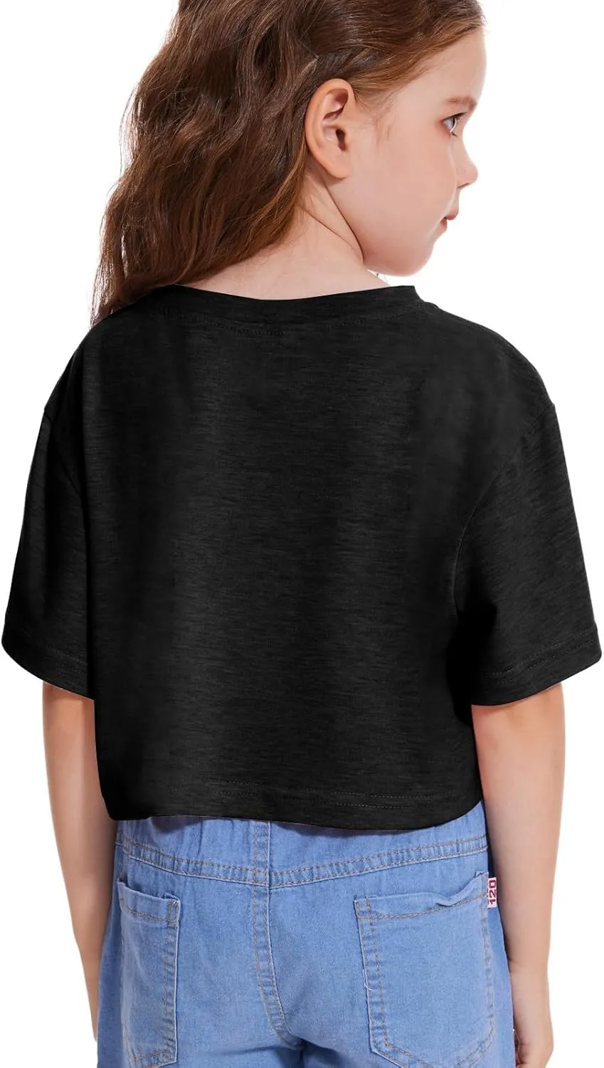 Girls Short Sleeve Crop Tops Kids Fashion Oversized Cute Crew Neck Cropped Athletic T Shirts Trendy Boxy Tee