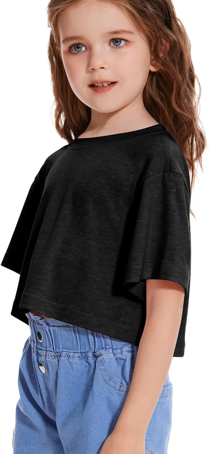 Girls Short Sleeve Crop Tops Kids Fashion Oversized Cute Crew Neck Cropped Athletic T Shirts Trendy Boxy Tee