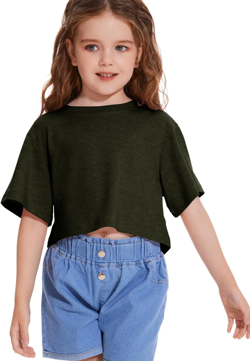 Girls Short Sleeve Crop Tops Kids Fashion Oversized Cute Crew Neck Cropped Athletic T Shirts Trendy Boxy Tee