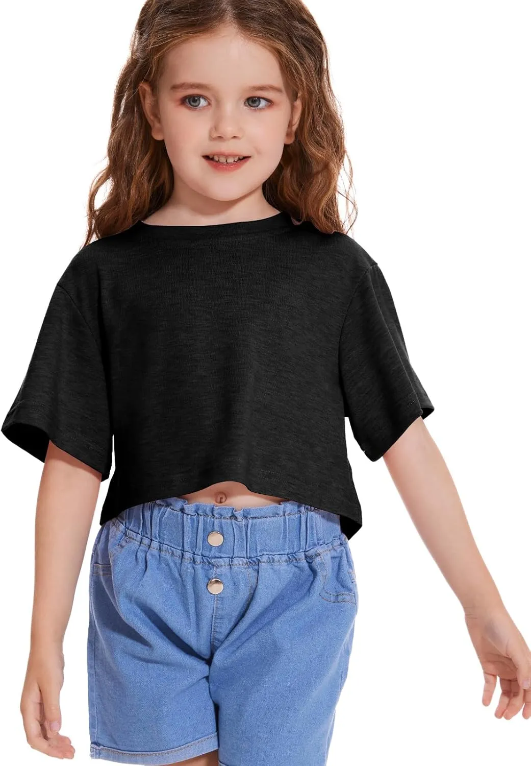 Girls Short Sleeve Crop Tops Kids Fashion Oversized Cute Crew Neck Cropped Athletic T Shirts Trendy Boxy Tee