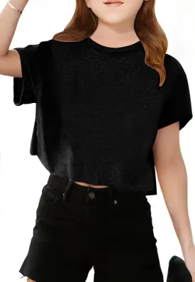 Girls Short Sleeve Crop Tops Kids Fashion Oversized Cute Crew Neck Cropped Athletic T Shirts Trendy Boxy Tee