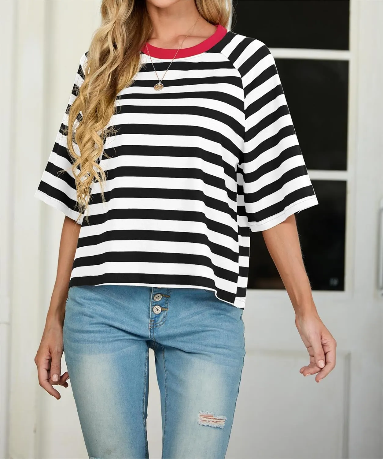 IWOLLENCE Women's Loose Casual Summer Striped Tops Crewneck 1/2 Short Sleeve Color Block Tee Oversized Cropped Shirts
