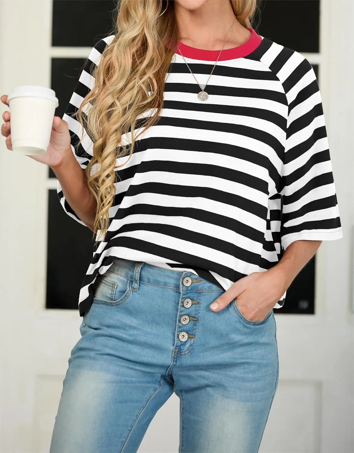 IWOLLENCE Women's Loose Casual Summer Striped Tops Crewneck 1/2 Short Sleeve Color Block Tee Oversized Cropped Shirts