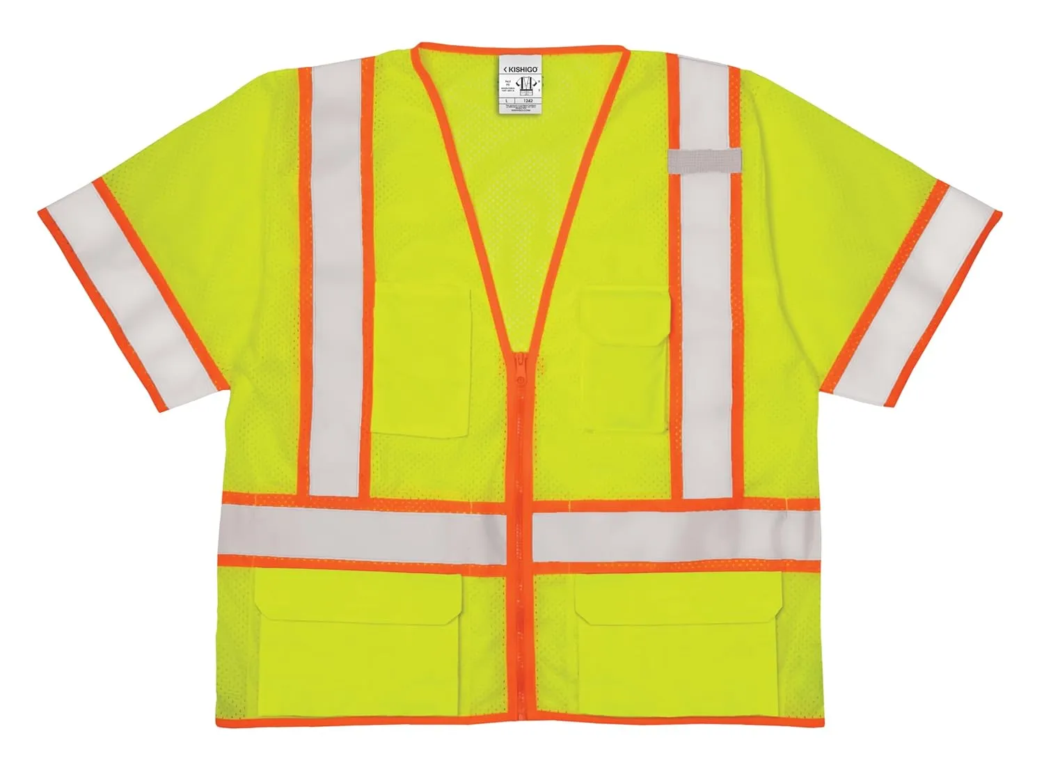 Kishigo Men's High Visibility Reflective 6 Pocket Contrast Mesh Vest 1242, Zipper Closure, Polyester, ANSI 107 Type R / Class 3, Construction, Roadwork, Utility, Warehouse, Outdoor (Lime, M)