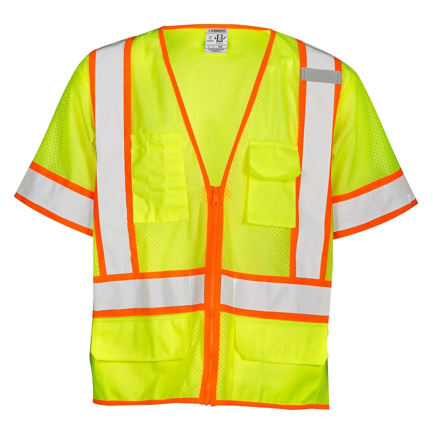 Kishigo Men's High Visibility Reflective 6 Pocket Contrast Mesh Vest 1242, Zipper Closure, Polyester, ANSI 107 Type R / Class 3, Construction, Roadwork, Utility, Warehouse, Outdoor (Lime, M)
