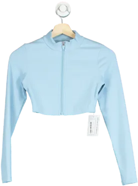 Light Blue Ribbed Cropped Zip-Up Jacket UK S