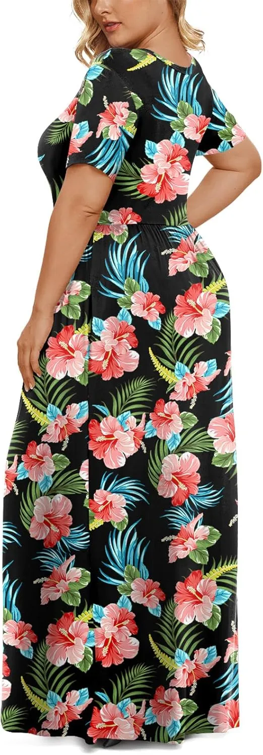 LONGYUAN Women's Plus Size Maxi Dresses for Curvy Women Summer Short Sleeve Casual 2025 Long Dress XL-6XL